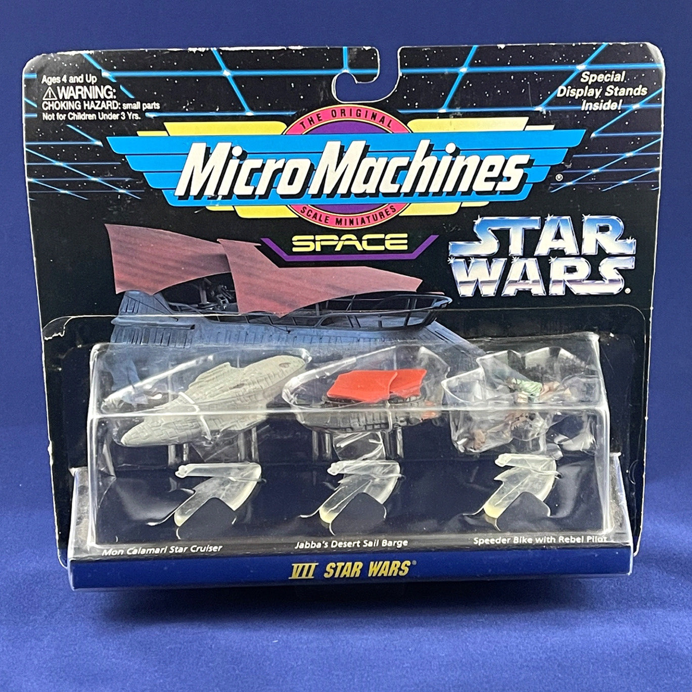 Star Wars Micro Machines space collection VII.  Mon Calamari Star Cruiser, Jabba’s Desert Sail Barge, Speeder Bike with Rebel Pilot