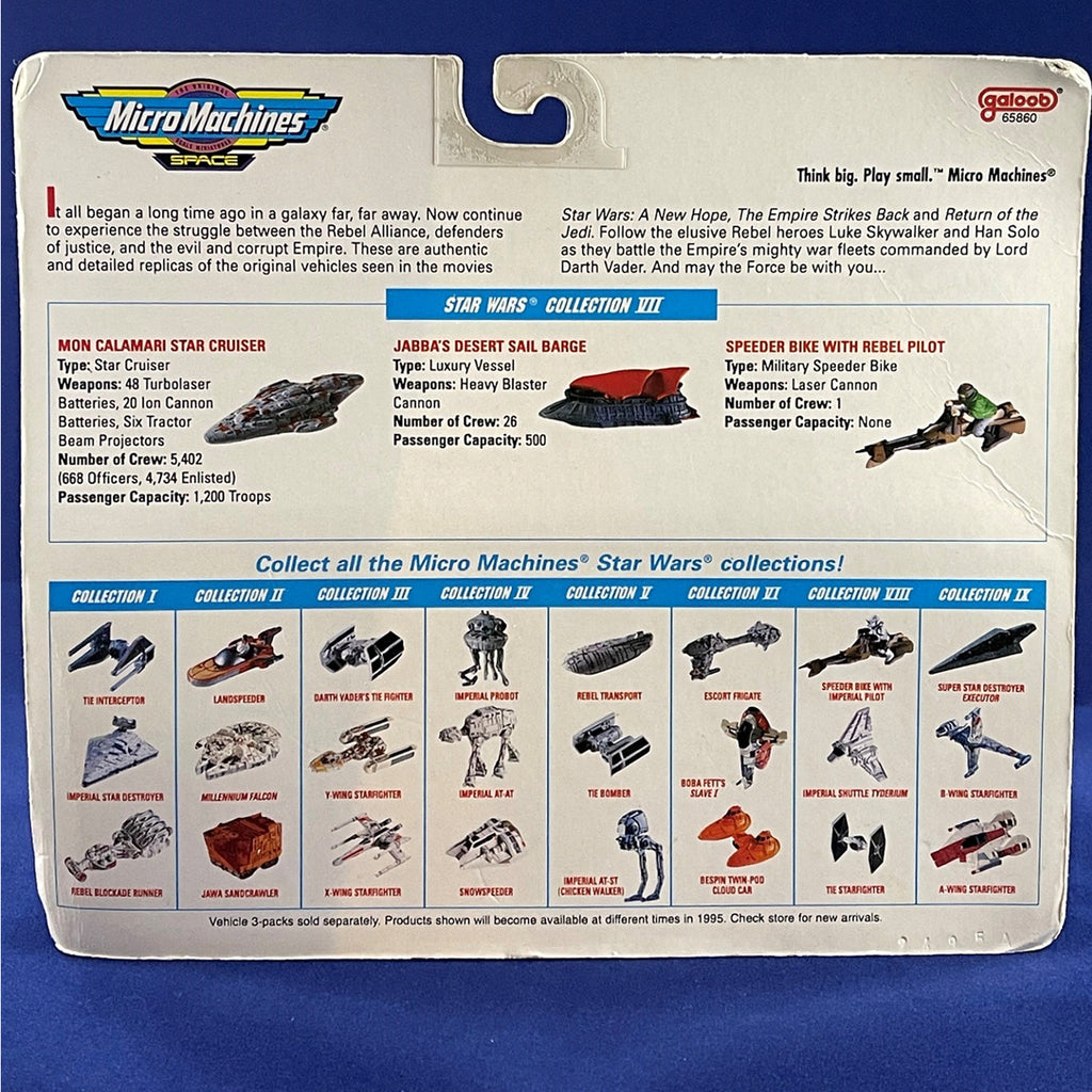 Star Wars Micro Machines space collection VII.  Mon Calamari Star Cruiser, Jabba’s Desert Sail Barge, Speeder Bike with Rebel Pilot